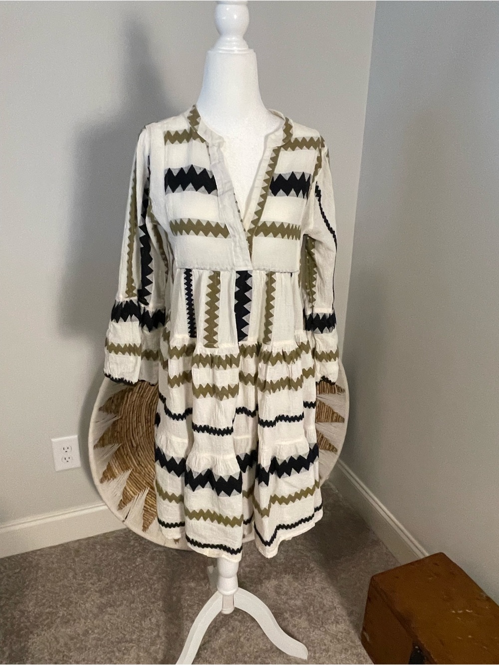 Devotion TWINS White Dress with Olive and Black Zigzag Trim